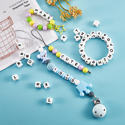 20Pcs White Cube Letter Silicone Beads 12x12x12mm Square Dice Alphabet Beads with 2mm Hole Spacer Loose Letter Beads for Bracelet Necklace Jewelry Making JX432E-1
