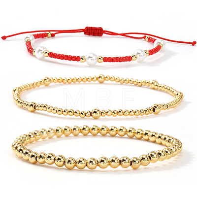 3Pcs 3 Styles Brass Round Beads Stretch Bracelets & Glass Seed Beads & Imitation Pearl Round Beads Adjustable Bracelets Set for Women YO0732-1-1