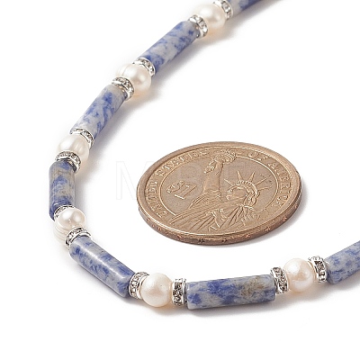 Natural Blue Spot Jasper & Pearl & Crystal Rhinestone Beaded Necklace for Women NJEW-JN04209-01-1