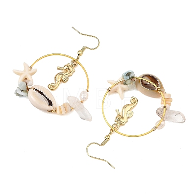 Alloy & Natural Shell & Natural Quartz Crystal & Natural Larimar & Synthetic Turquoise Dangle Earrings EJEW-JE07515-1