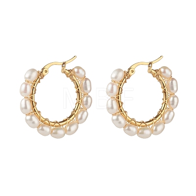 Natural Pearl Beads Brass Hoop Earrings EJEW-JE04565-01-1