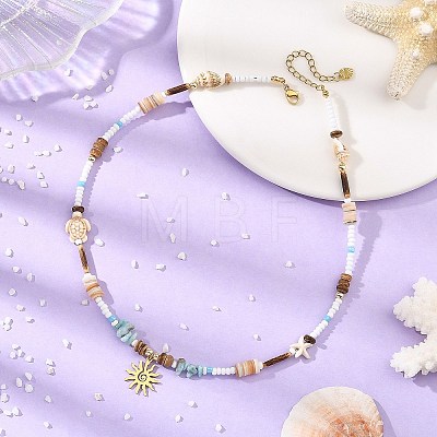 Ocean 304 Stainless Steel Sun Pendant Chip Natural Larimar and Coconut Beaded Necklaces for Women NJEW-JN06660-1