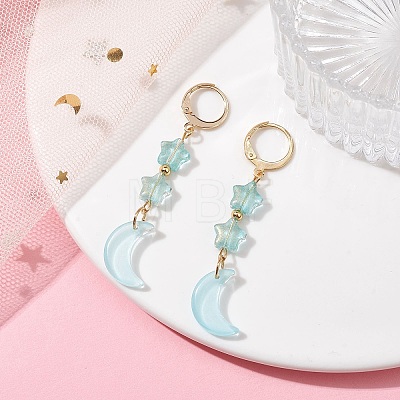 Moon & Star Glass Dangle Leverback Earrings with 304 Stainless Steel Pins EJEW-JE05605-02-1