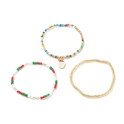 3Pcs 3 Style Glass Seed Stretch Bracelets Set with Alloy Santa Claus for Women BJEW-JB08204-1