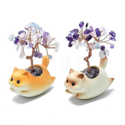 Natural Mixed Gemstone Chips Tree of Life Decorations with Cat Display Decorations DJEW-K025-03C-1