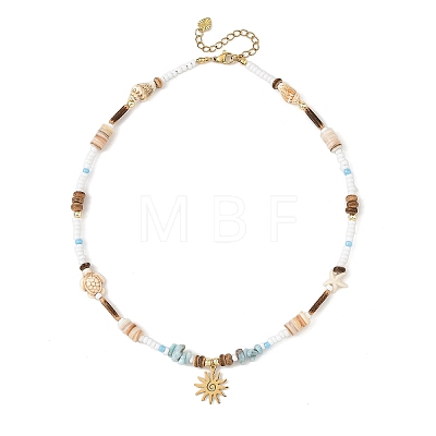 Ocean 304 Stainless Steel Sun Pendant Chip Natural Larimar and Coconut Beaded Necklaces for Women NJEW-JN06660-1
