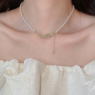 Brass Micro Pave Cubic Zirconia Wing Pendant Imitation Pearl White Round Beaded Necklaces for Women WG2CE1B-01-1