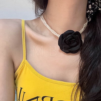 3 Layer White Round Faux Pearl 3D Rose Flower Pendant Choker Necklaces for Women WG1928F-03-1