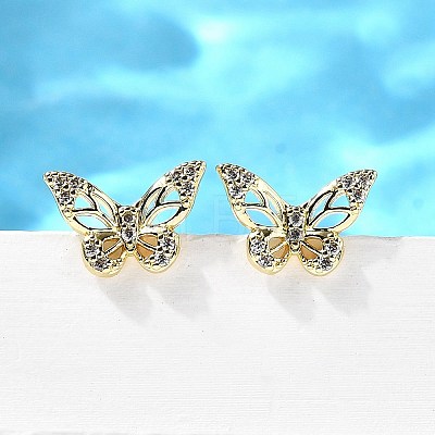 Butterfly Brass Micro Pave Cubic Zirconia Ear Studs EJEW-D304-34G-1