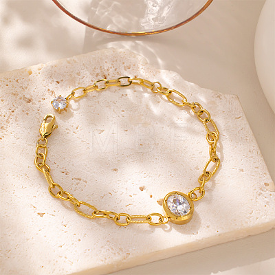 304 Stainless Steel Pave Clear Cubic Zirconia Oval Link Figaro Chain Bracelets for Women WG79883-01-1
