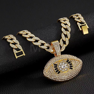 Zinc Alloy Full Crystal Rhinestone with Enamel Black Evil Eye Pendant Cuban Link Chain Necklaces for Men FS-WG3C954-01-1
