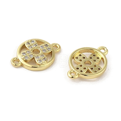 Rack Plating Brass Micro Pave Clear Cubic Zirconia Flat Round with Flower Connector Charms KK-C052-40G-1