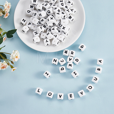 20Pcs White Cube Letter Silicone Beads 12x12x12mm Square Dice Alphabet Beads with 2mm Hole Spacer Loose Letter Beads for Bracelet Necklace Jewelry Making JX432F-1