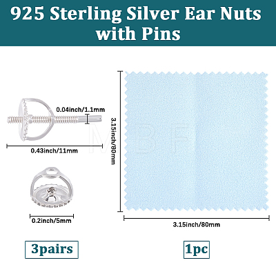 3 Pairs 925 Sterling Silver Screw Ear Nuts STER-BBC0009-74A-1