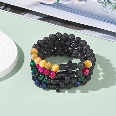 Cross Beads Stretch Bracelets Set for Women BJEW-JB07150-1