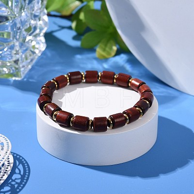 Waxed Natural Wood Column Beads Stretch Bracelet BJEW-JB07089-1