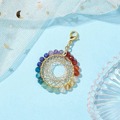 Copper Wire Wrapped 7 Chakra Natural Gemstone Ring Pendant Decorations HJEW-TA00208-1