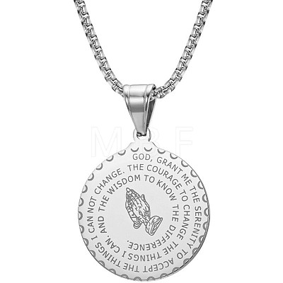 Non-Tarnish Stainless Steel Round Pendant Necklace Praying Hands Coin Jewelry Accessory IE6577-2-1