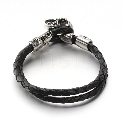 Skull 304 Stainless Steel Leather Cord Bracelets BJEW-N262-08-1
