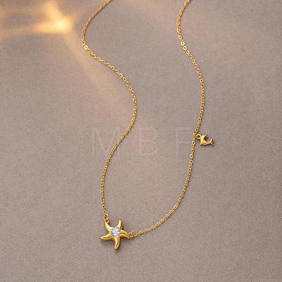 Ocean 304 Stainless Steel Crystal Rhinestone Starfish & Dolphin Pendant Necklaces for Women WGDDB62-01-1