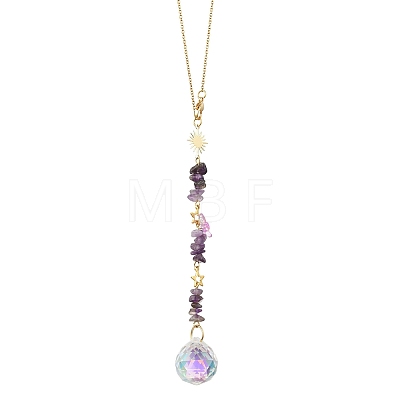 Round Glass & Natural Amethyst Chips Hanging Suncatchers HJEW-JM04209-02-1