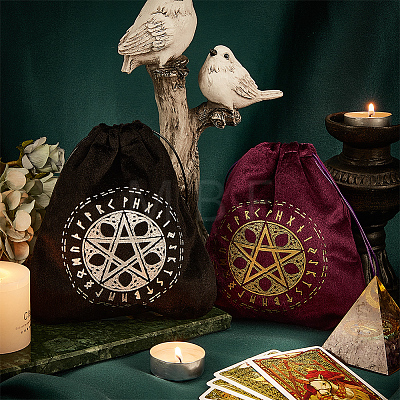 CREATCABIN 2Pcs 2 Colors Pentagram Runes Velvet Tarot Cards Storage Drawstring Bags TP-CN0001-07-1