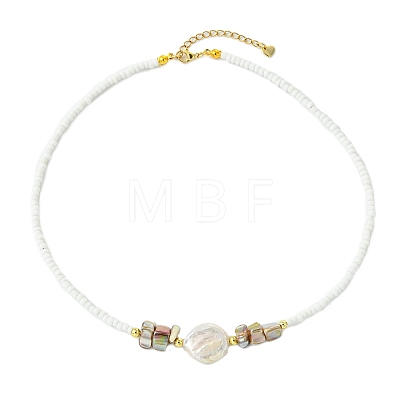 Natural Baroque Keshi Pearl Coin Glass Seed Beaded Necklaces for Women NJEW-JN06220-1