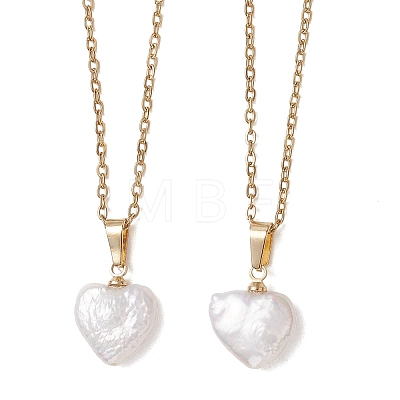 Baroque Natural Keshi Pearl Heart Pendant 304 Stainless Steel Cable Chain Necklaces for Women NJEW-JN05964-1