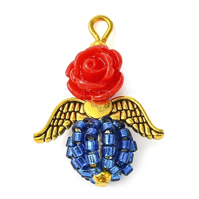 Red Rose Flower Resin & Glass Seed Beads Pendants PALLOY-MZ00289-01-1