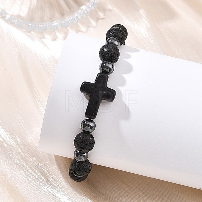 Natural Lava Rock & Synthetic Turquoise & Non-magnetic Hematite Cross & Round Beaded Stretch Bracelets for Women Men BJEW-JB13930-1
