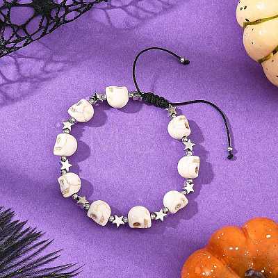Dyed Synthetic Turquoise Halloween Skull Braided Bead Bracelets BJEW-TA00768-1