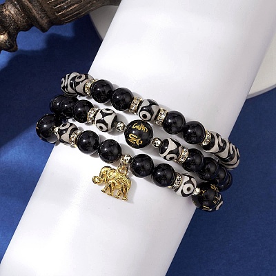 3Pcs 3 Styles 8mm Round Natural Tibetan 3-Eye dZi Agate & Eyeless Obsidian Beaded Stretch Bracelet Sets BJEW-JB10336-1