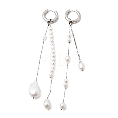 304 Stainless Steel & Glass Pearl Tassel Hoop Earrings for Women EJEW-G463-01P-1