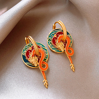 Dragon & Flat Round & Flower Brass Enamel Hoop Earrings FS-WGDA516-01-1