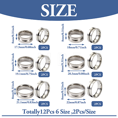 12Pcs 6 Size 201 Stainless Steel Grooved Finger Ring Settings STAS-TA0002-15P-1