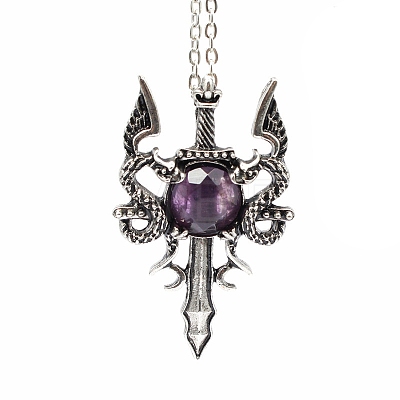 Natural Amethyst Dragon Sword Pendant Necklace G-PW0004-67H-1