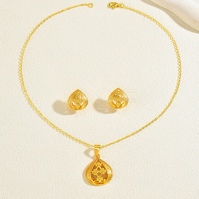 Brass Teardrop with Flower Pendant Necklace & Stud Earrings Sets for Women WB6446-1