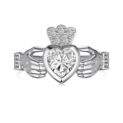 Heart with Crown Rhodium Plated 925 Sterling Silver Micro Pave Cubic Zirconia Finger Rings for Women RJEW-Q816-03P-1