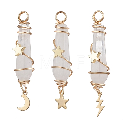 3Pcs 3 Styles Natural Quartz Crystal Pointed Copper Wire Wrapped Faceted Bullet Big Pendants PALLOY-JF03572-01-1