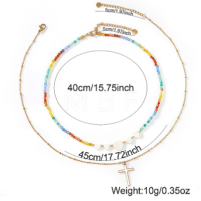 Summer Beach Rainbow Natural Mixed Stone and White Shell Heart Beaded Double Layer Necklaces with Stainless Steel Religion Cross Pendant EX6128-1-1