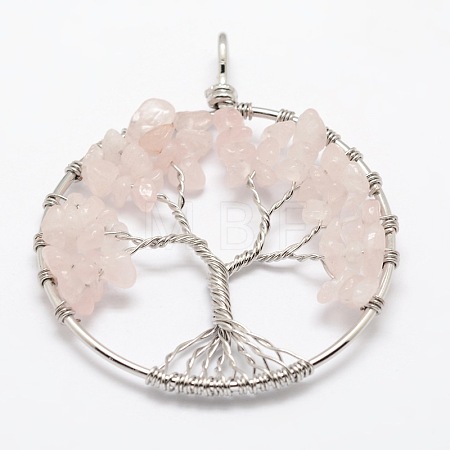Tree of Life Natural Rose Quartz Bead Brass Wire Wrapped Big Pendants KK-L136-01F-NR-1