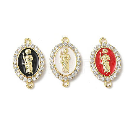 Brass Micro Pave Clear Cubic Zirconia Enamel Oval with Saint Jude Connector Charms KK-L243-11G-A-1