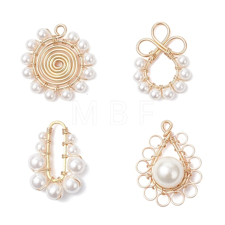 4Pcs 4 Styles Shell Pearl Round Beaded Copper Wire Wrapped Pendants PALLOY-TA00328-1