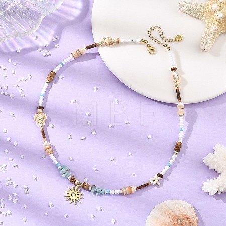 Ocean 304 Stainless Steel Sun Pendant Chip Natural Larimar and Coconut Beaded Necklaces for Women NJEW-JN06660-1