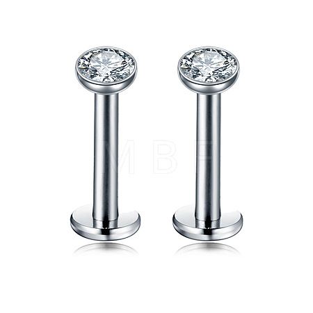 Flat Round Stainless Steel Clear Cubic Zirconia Internally Threaded Labrets WG955BE-01-1
