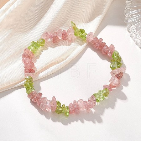 Natural Peridot & Natural Strawberry Quartz Chip Beaded Stretch Bracelets for Women BJEW-JB13278-1
