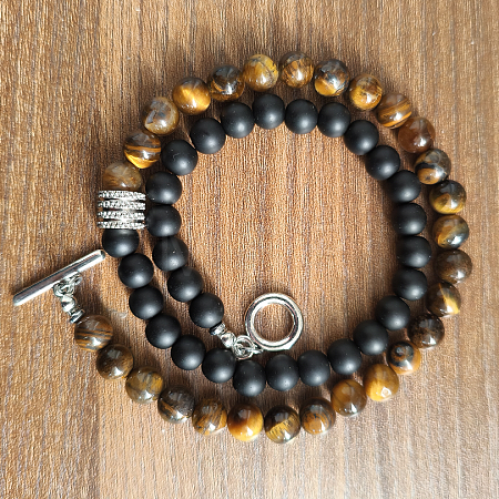 6mm Natural Obsidian & Tiger Eye Round Beaded OT Necklaces for Men Women DT8400-1-1