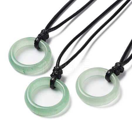 Natural Green Aventurine Ring Pendant Necklace with Waxed Cords NJEW-R262-01B-09-1