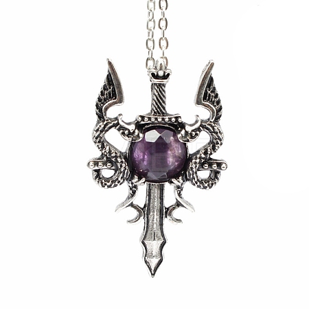Natural Amethyst Dragon Sword Pendant Necklace G-PW0004-67H-1