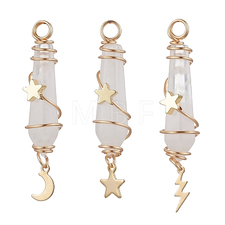 3Pcs 3 Styles Natural Quartz Crystal Pointed Copper Wire Wrapped Faceted Bullet Big Pendants PALLOY-JF03572-01-1
